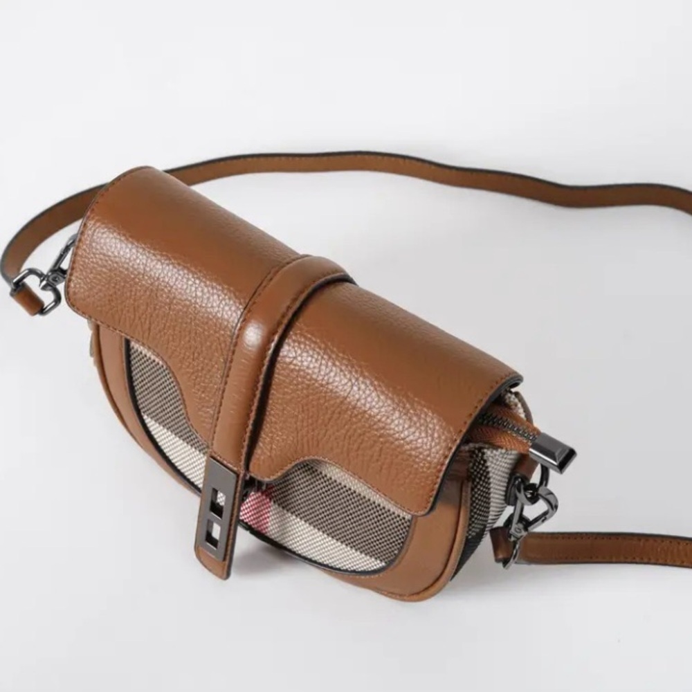 Genuine Leather and Woven Checked Mini Crossbody - Picture 5 of 15